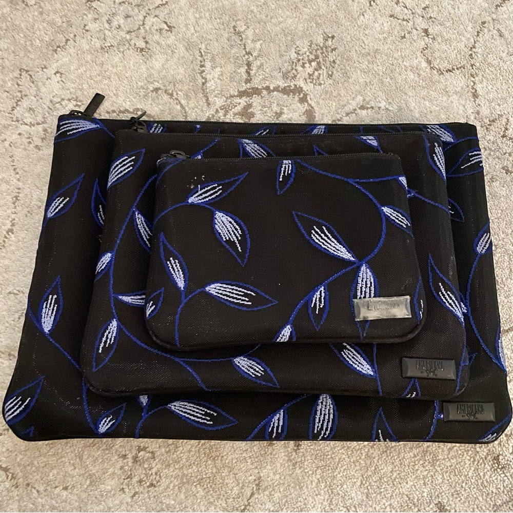 Americana by Sharif Set of 3 Travel Bags in Black and Blue Floral Print
